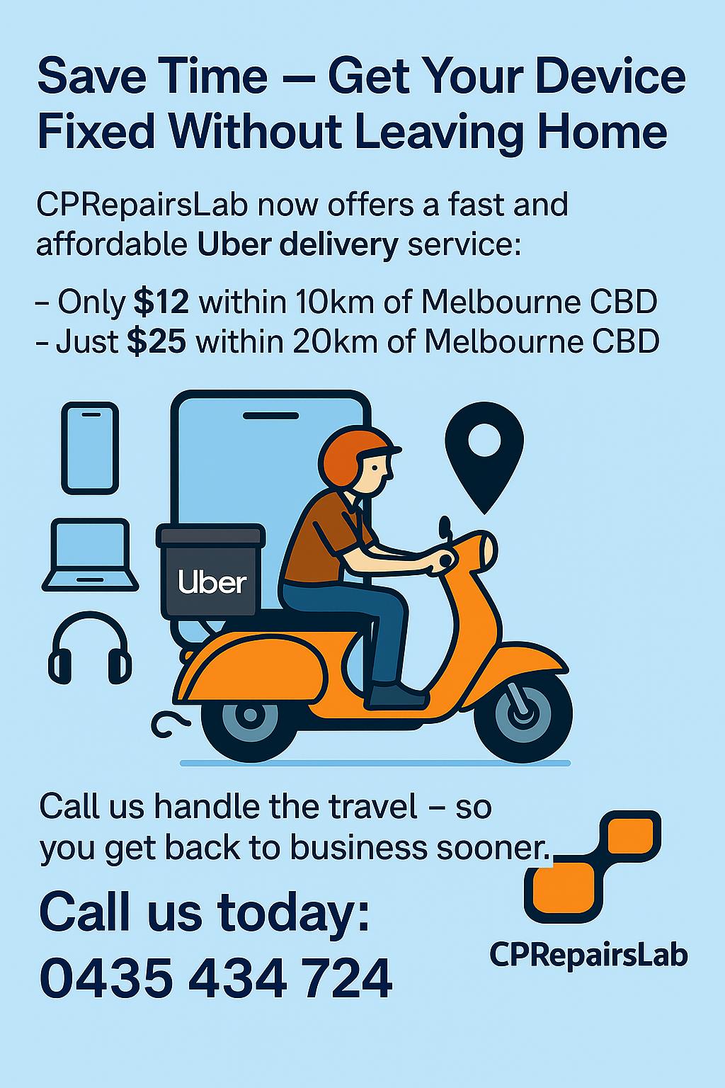Uber Pickup Banner - CPRepairsLab CPRepairsLab Uber pickup service for phone, laptop and headphone repairs in Melbourne