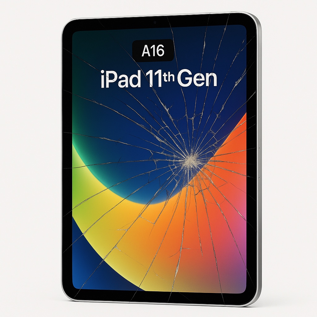 Cracked iPad 11th Gen 2025 – Screen Damage Example Cracked screen on iPad 11th Generation (2025 model) with Liquid Retina display